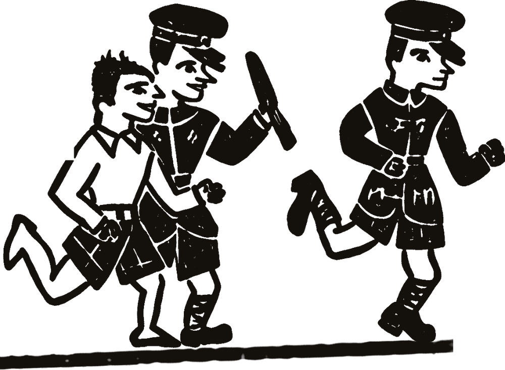 Woodcut-style drawing of three running men in caps and shorts, from an Onitsha pamphlet cover